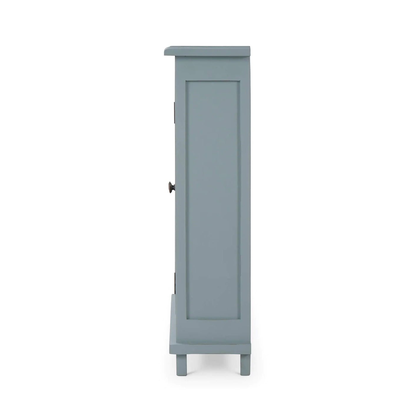 Side view of ocean blue farmhouse cabinet.