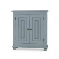 Ocean blue side cabinet with closed doors, front view.