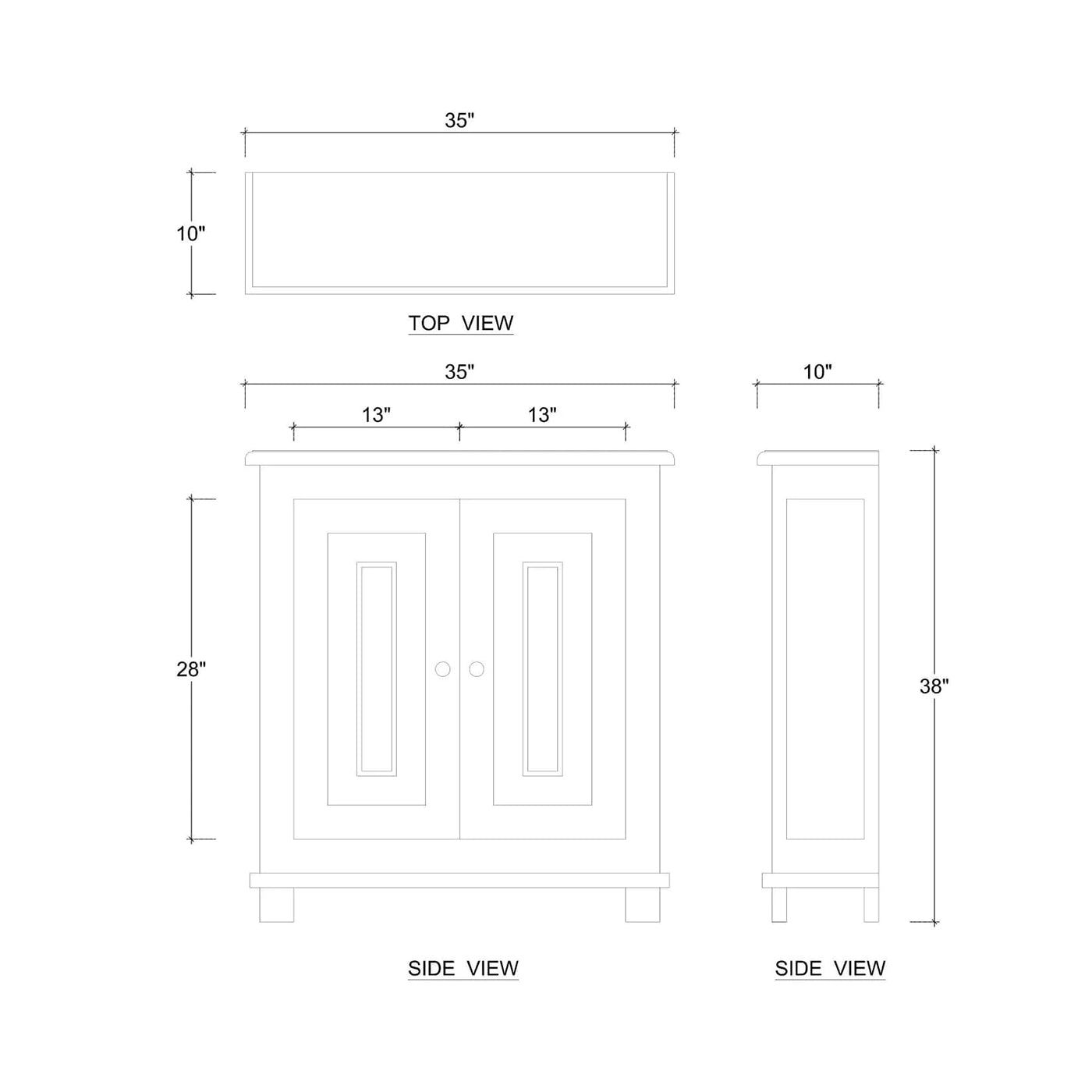 Dimensions of ocean blue farmhouse side cabinet, various views.