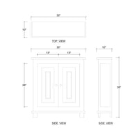 Dimensions of ocean blue farmhouse side cabinet, various views.