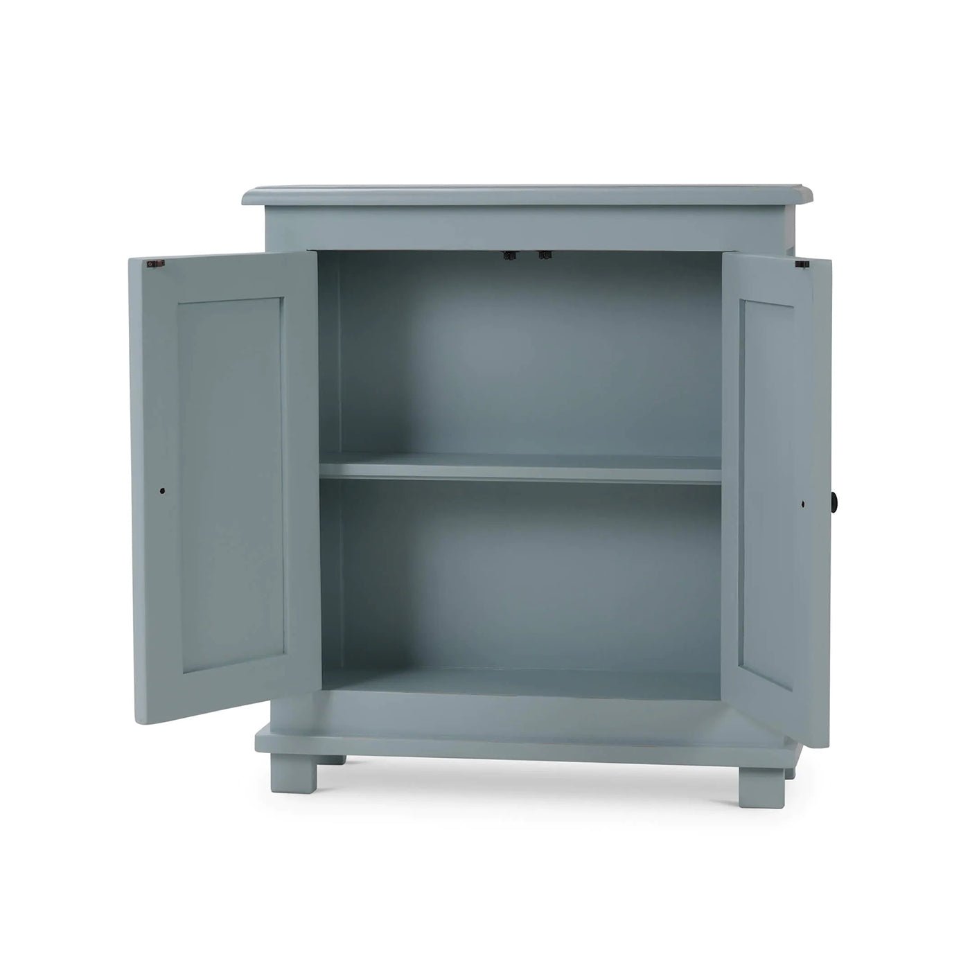 Ocean blue cabinet, open doors, interior shelves visible.