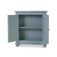 Ocean blue cabinet, open doors, interior shelves visible.