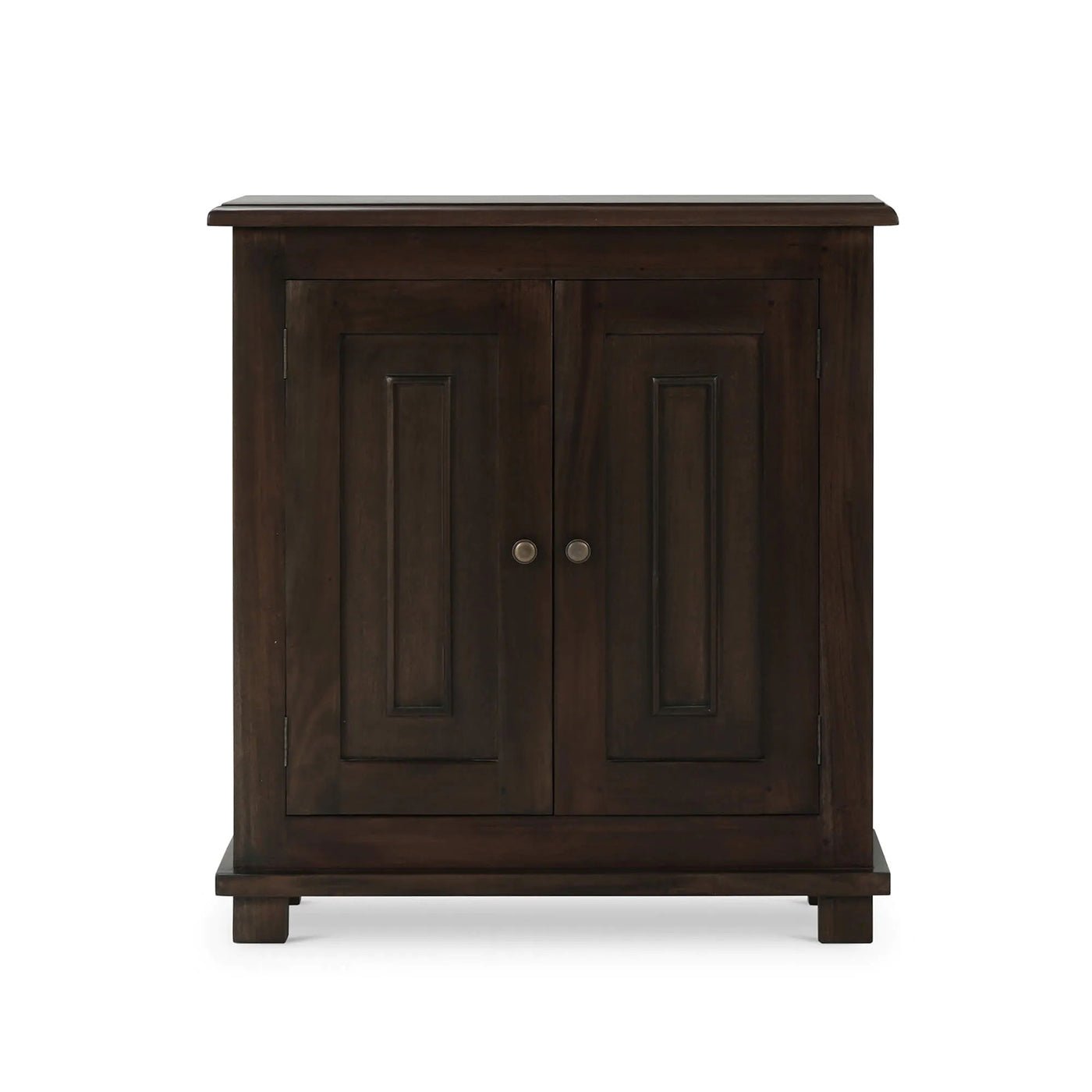 Front view of farmhouse side cabinet, walnut finish.
