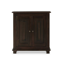 Front view of farmhouse side cabinet, walnut finish.