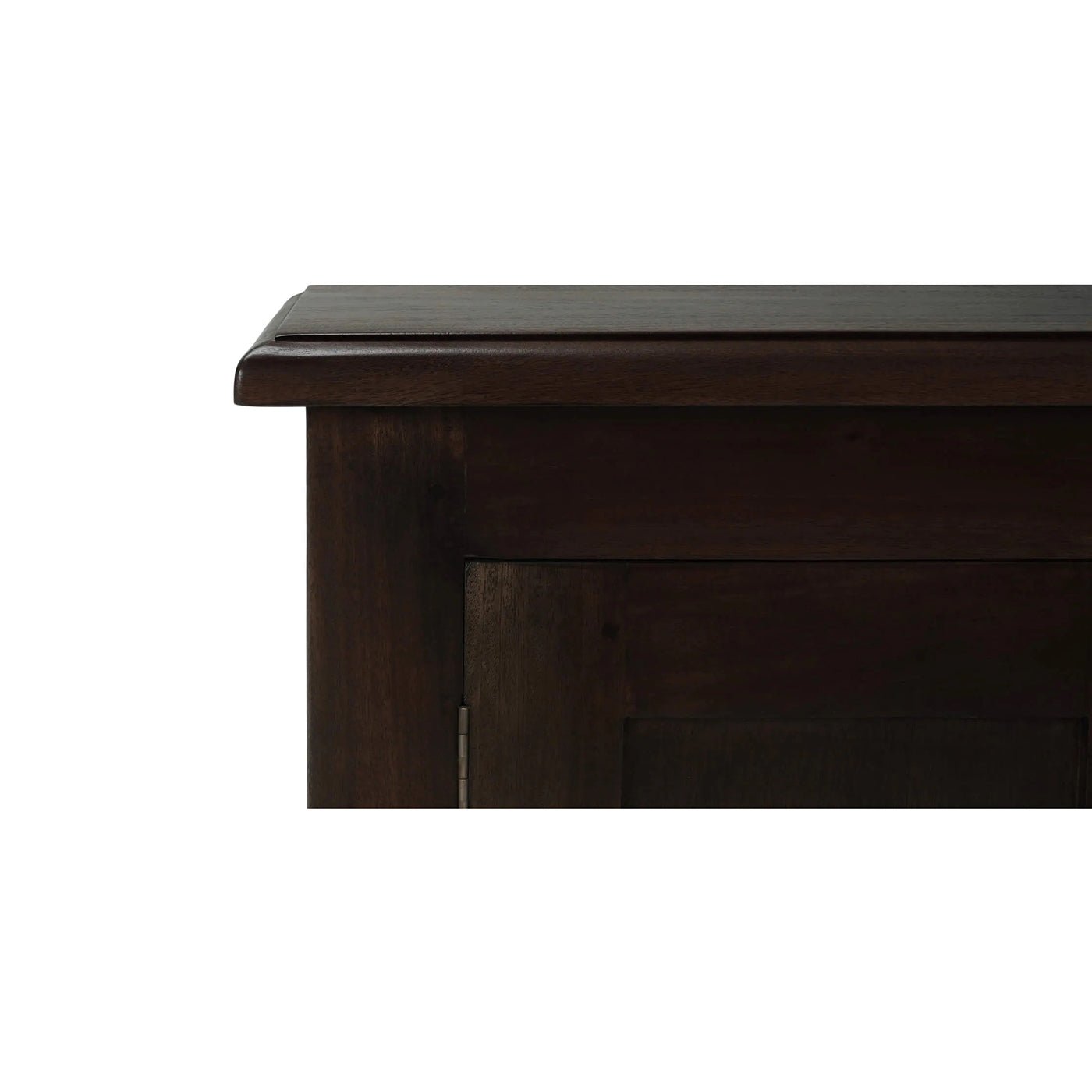 Close-up of cabinet corner detail, walnut finish.
