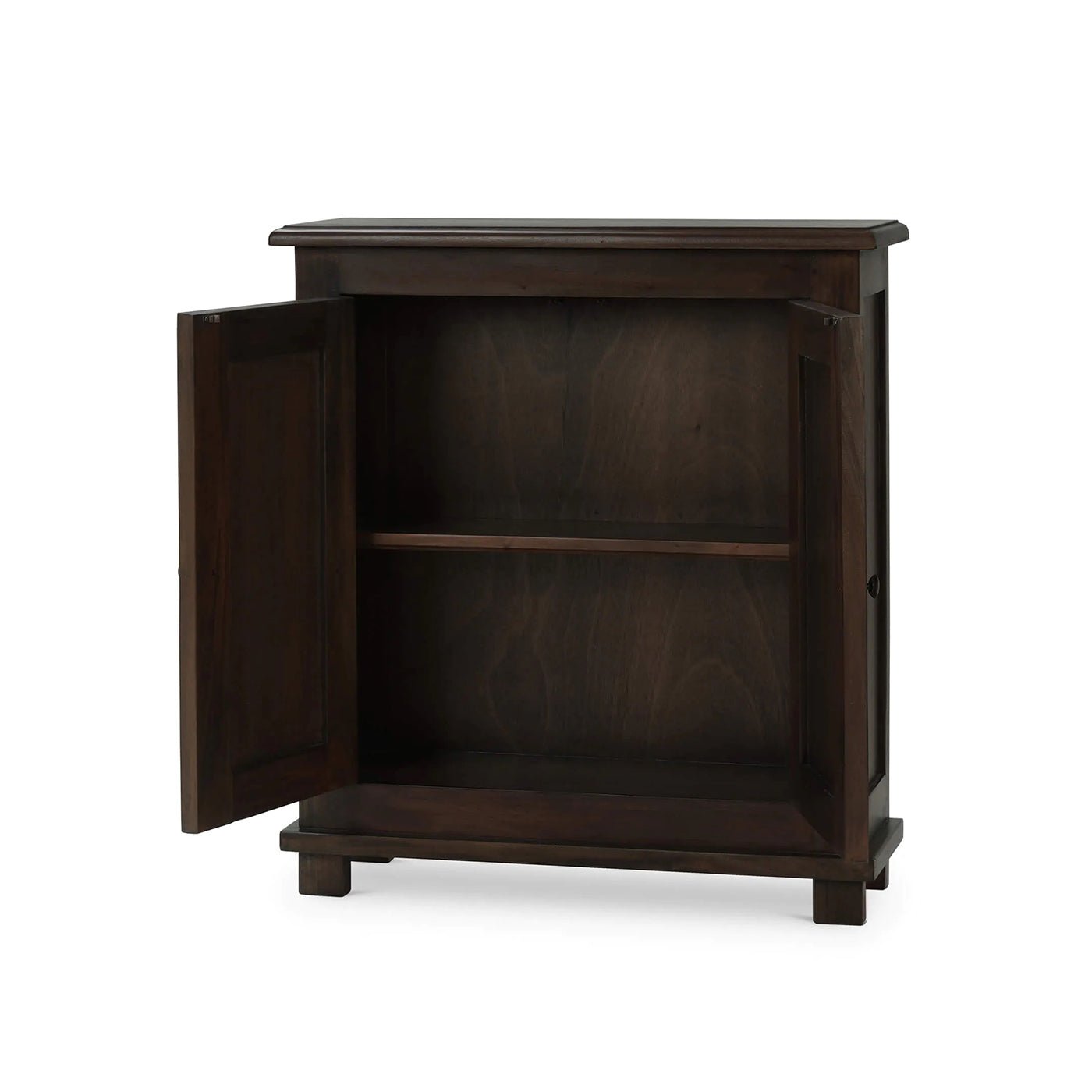 Open doors of farmhouse cabinet, interior shelves visible.