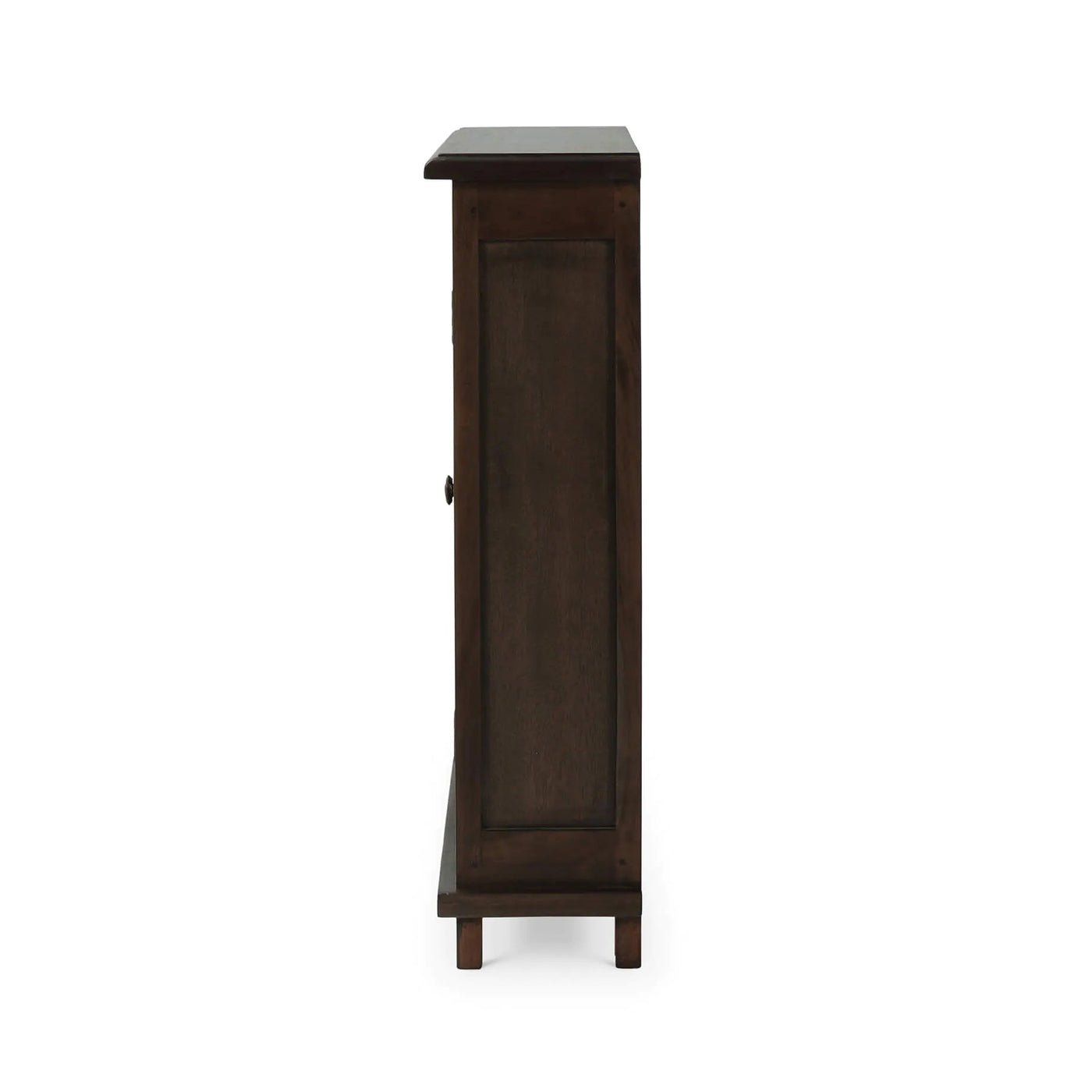 Side profile of rustic cabinet, walnut finish.