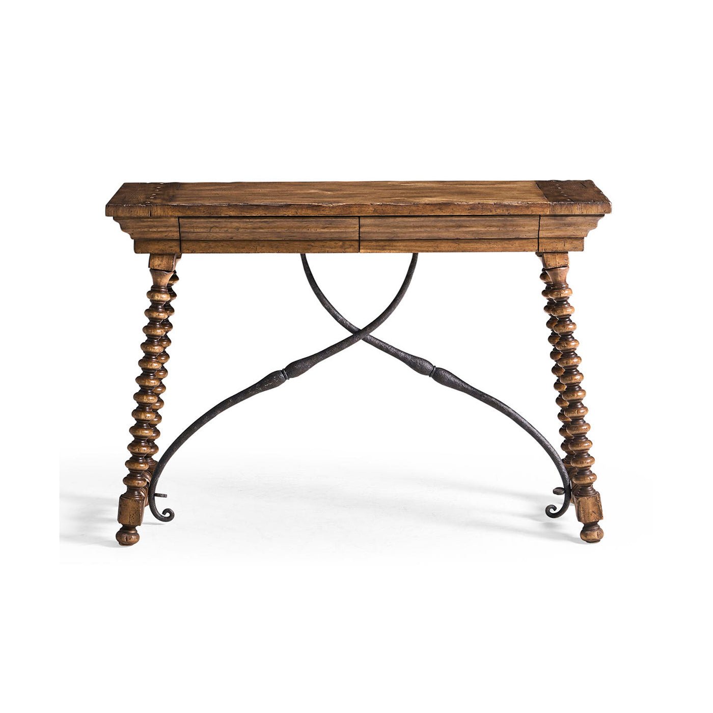 Front view rustic console table with ornate spool legs.