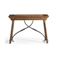 Front view rustic console table with ornate spool legs.