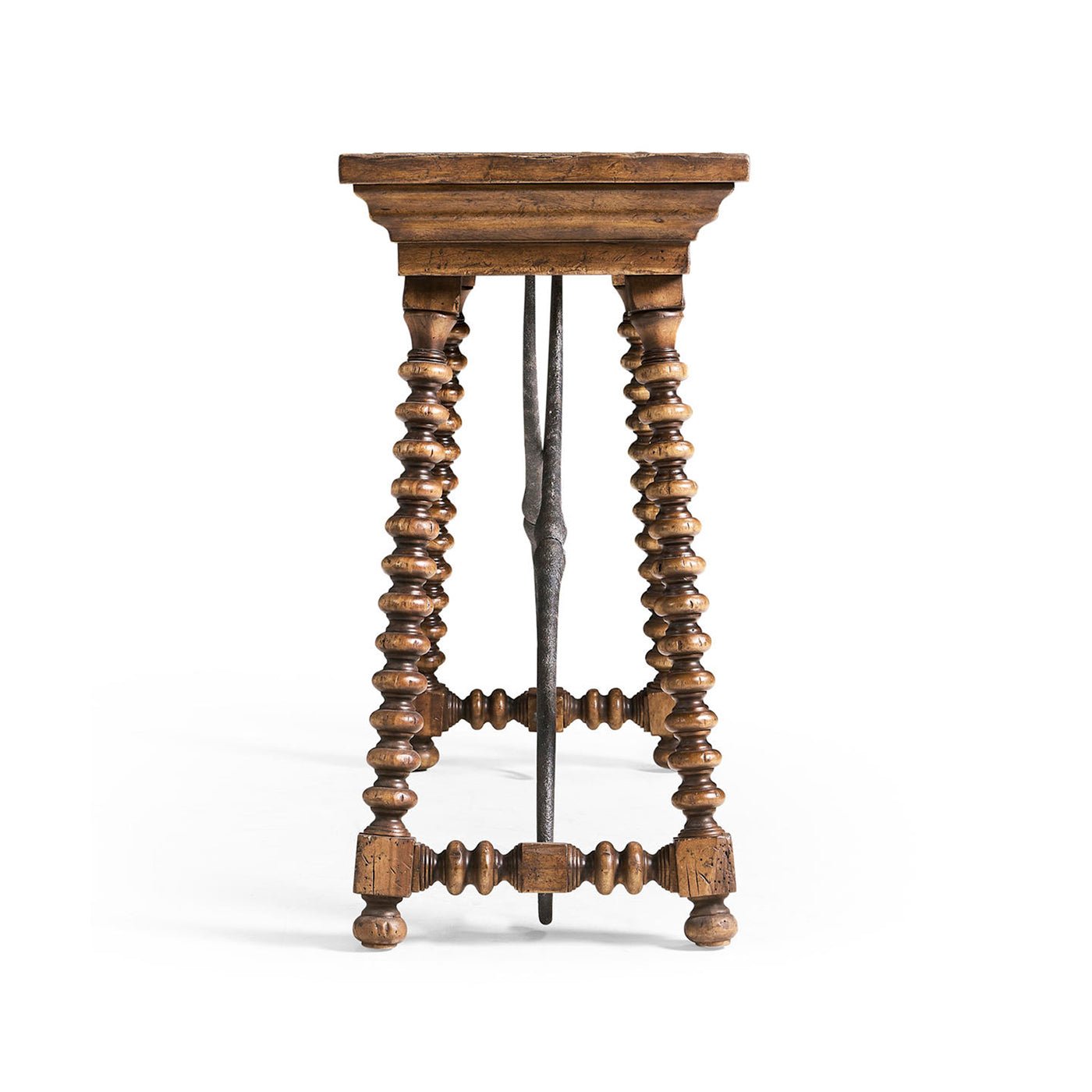 Side view of console table, detailed spool leg design.