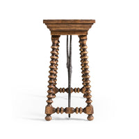 Side view of console table, detailed spool leg design.