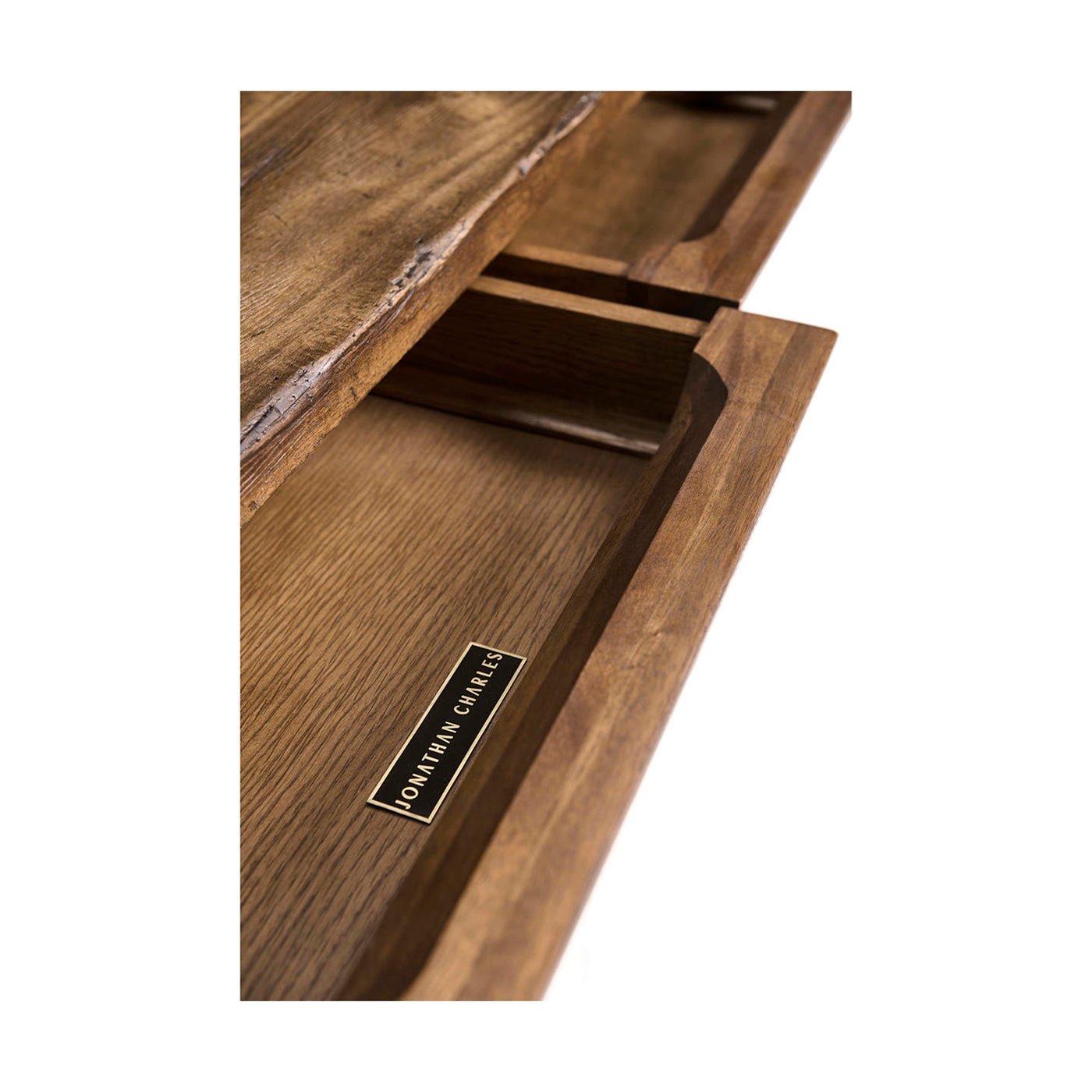 Inside drawer view console table, branded label shown.