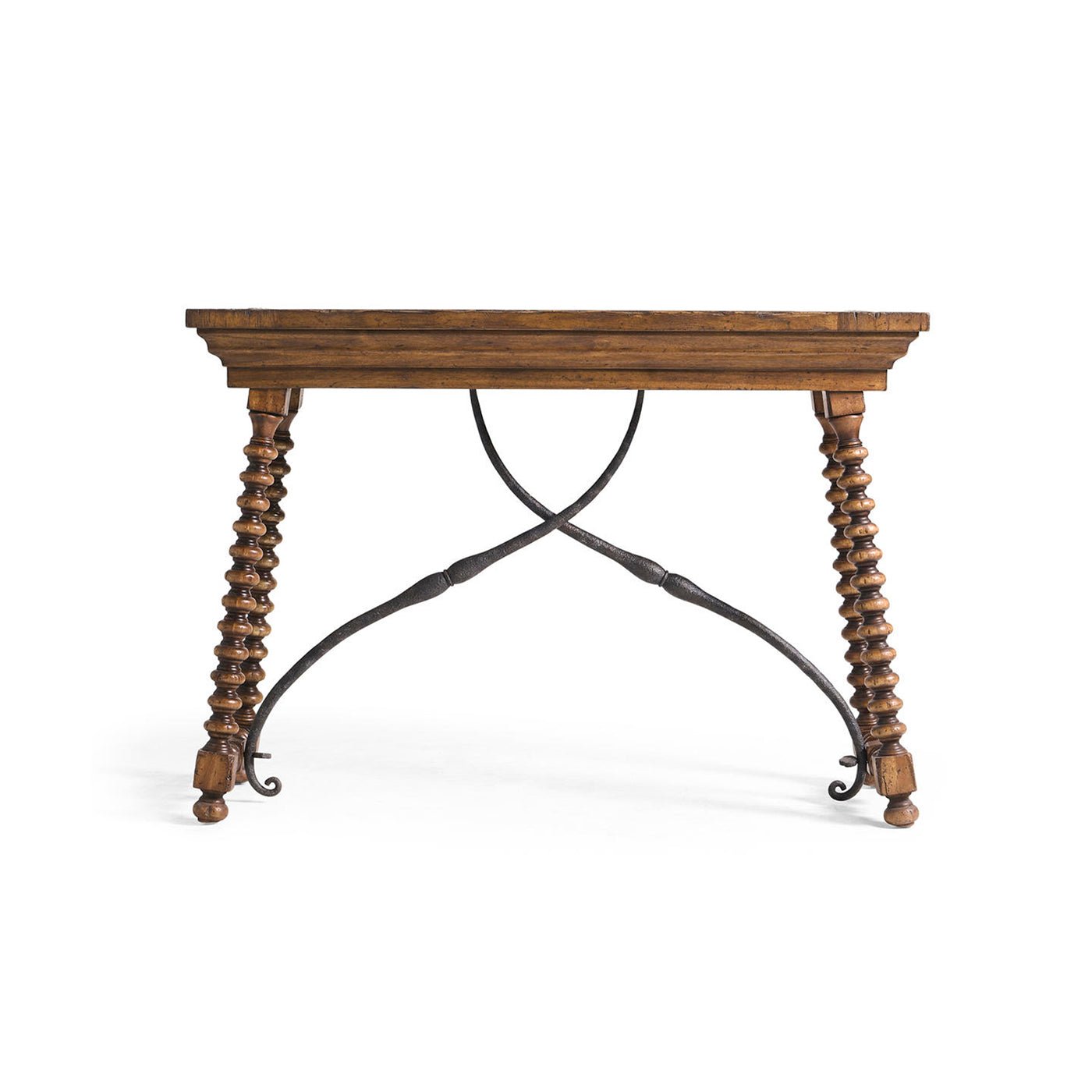 Console table back view, highlighting legs and base design.