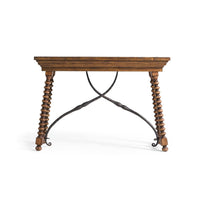 Console table back view, highlighting legs and base design.