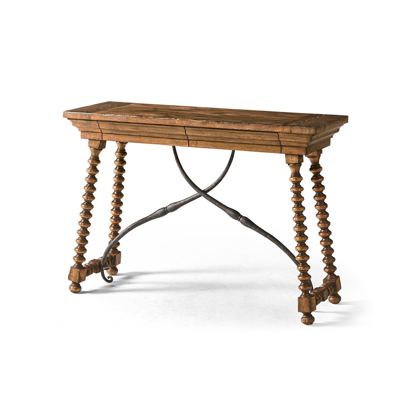 Rustic farmhouse console table, full view, against white background.