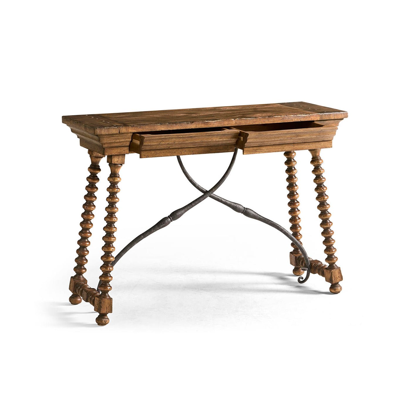 Console table with extended draw, wooden and metal elements.