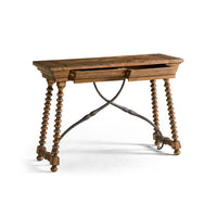 Console table with extended draw, wooden and metal elements.