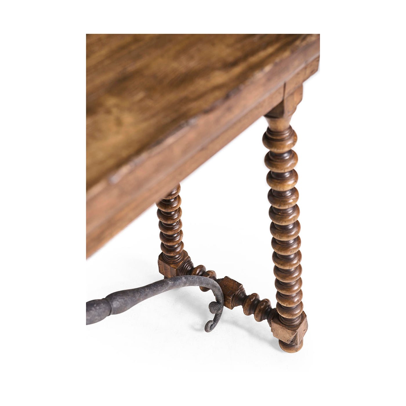 Detail of console table leg and metal support connection.