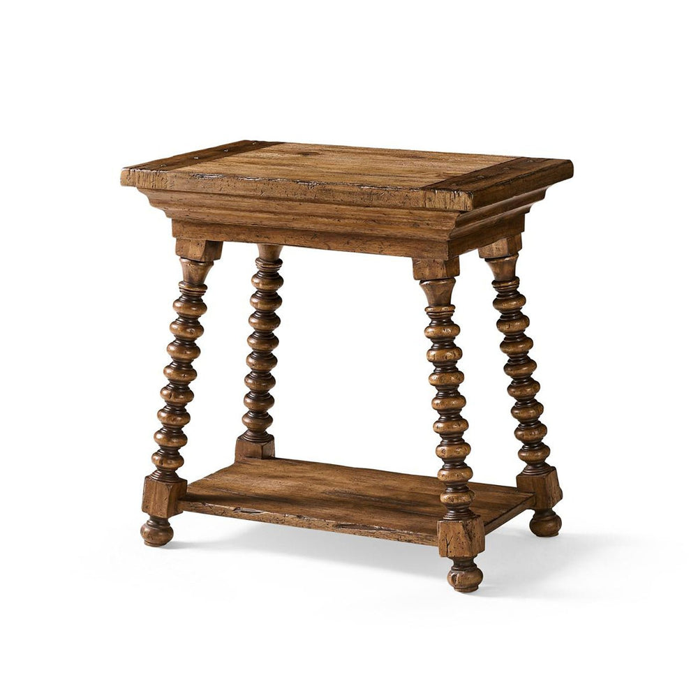 Rustic farmhouse spool-leg end table, angled view.