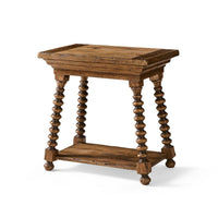 Rustic farmhouse spool-leg end table, angled view.
