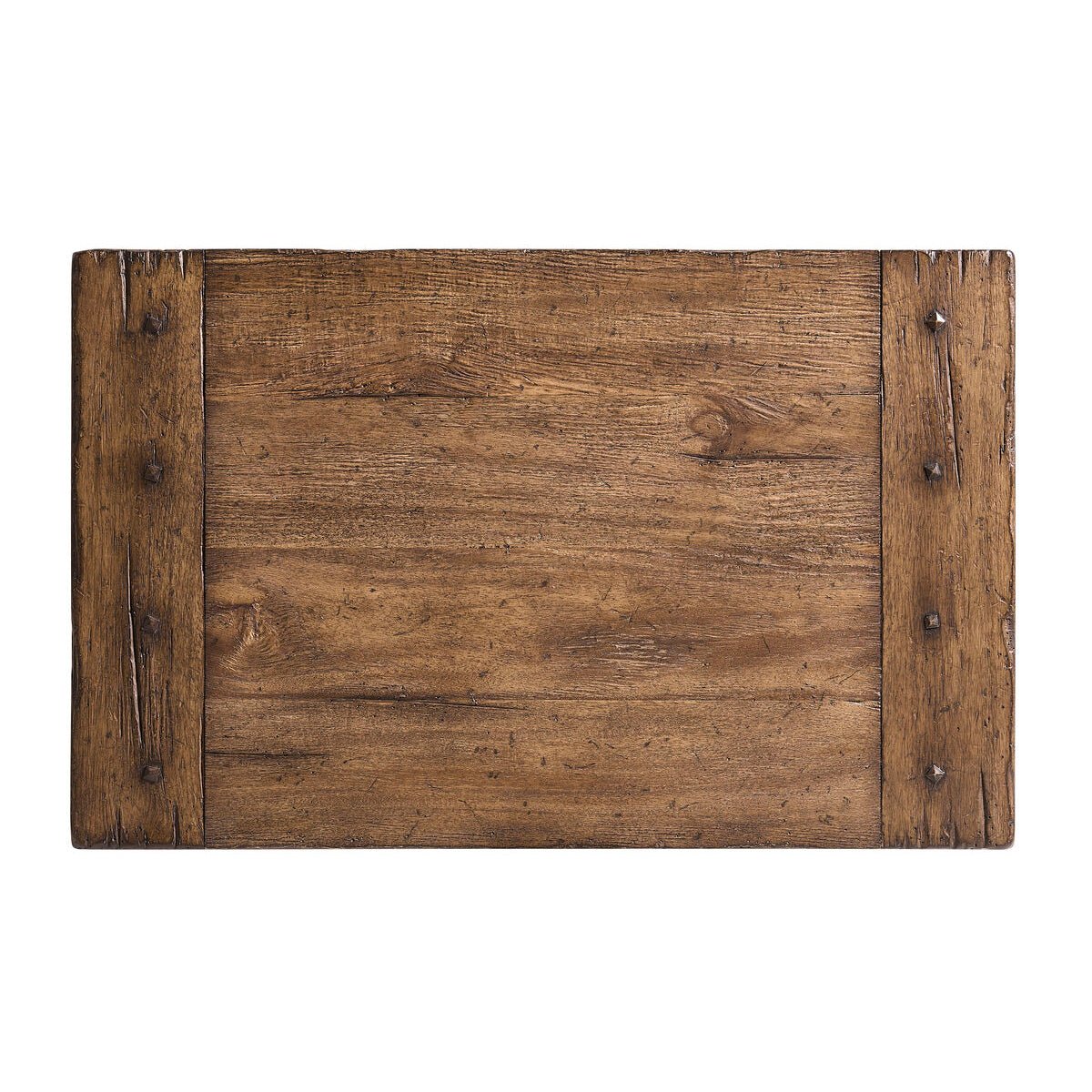 Top view of rustic end table surface.