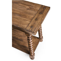 Corner detail of spool-leg end table surface.