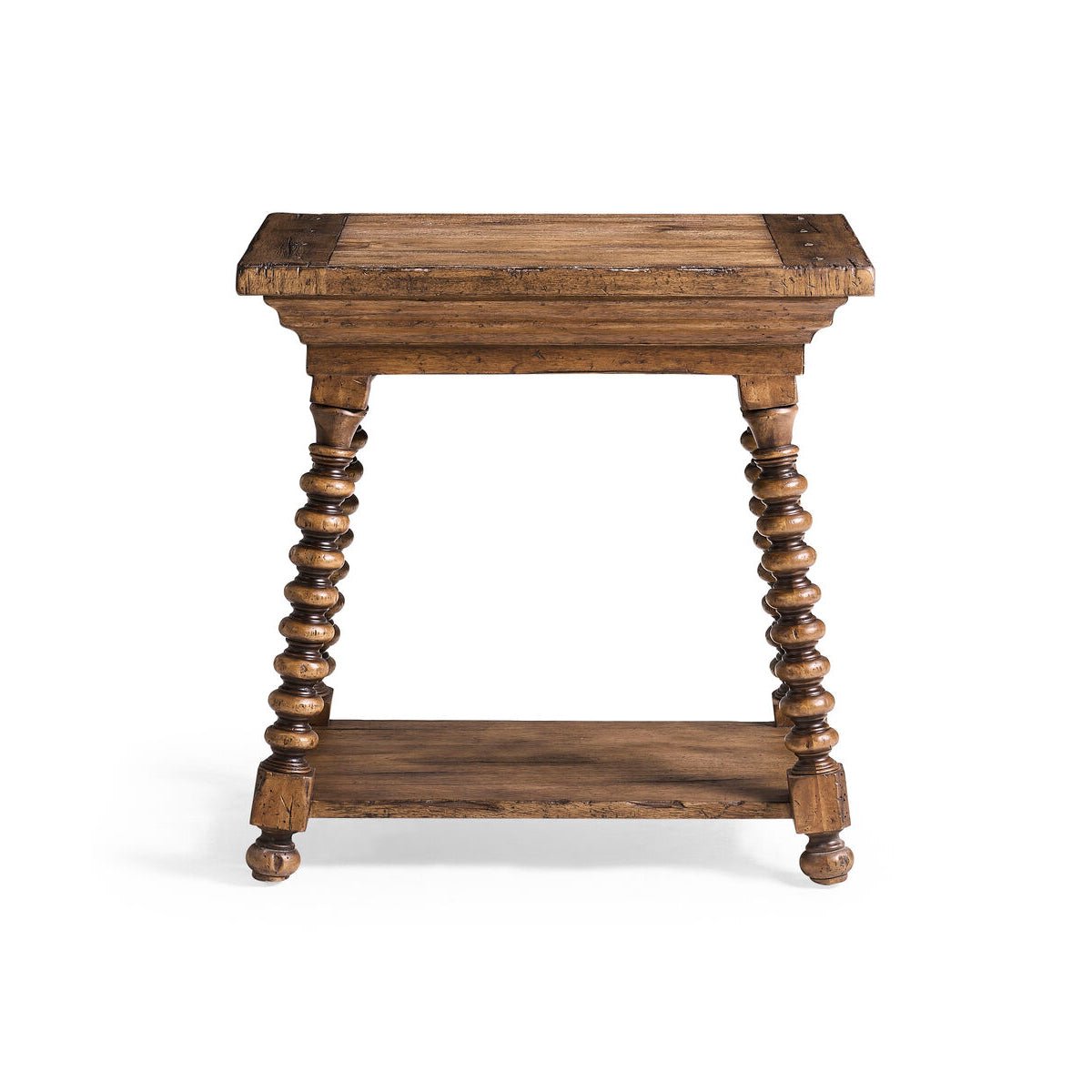 Front-facing view of rustic spool-leg end table.