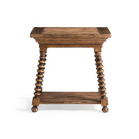 Front-facing view of rustic spool-leg end table.