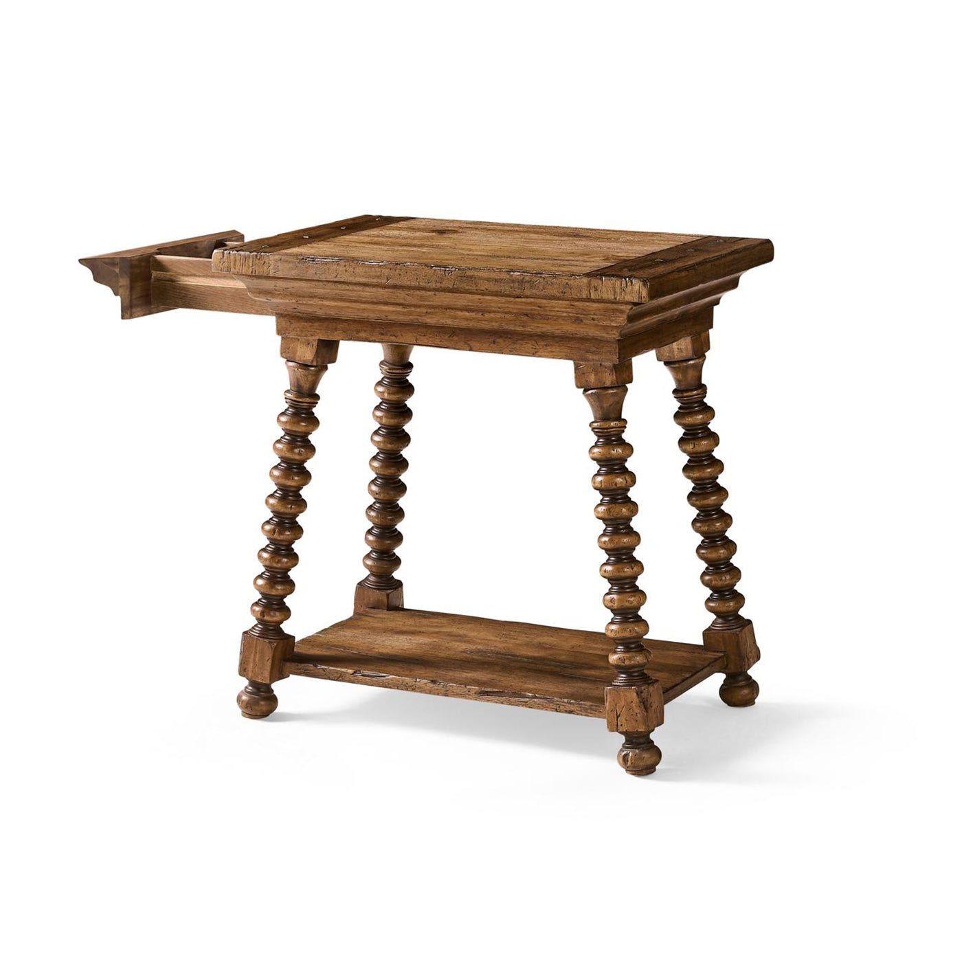 End table with extended drawer, left side view.