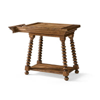 End table with extended drawer, left side view.