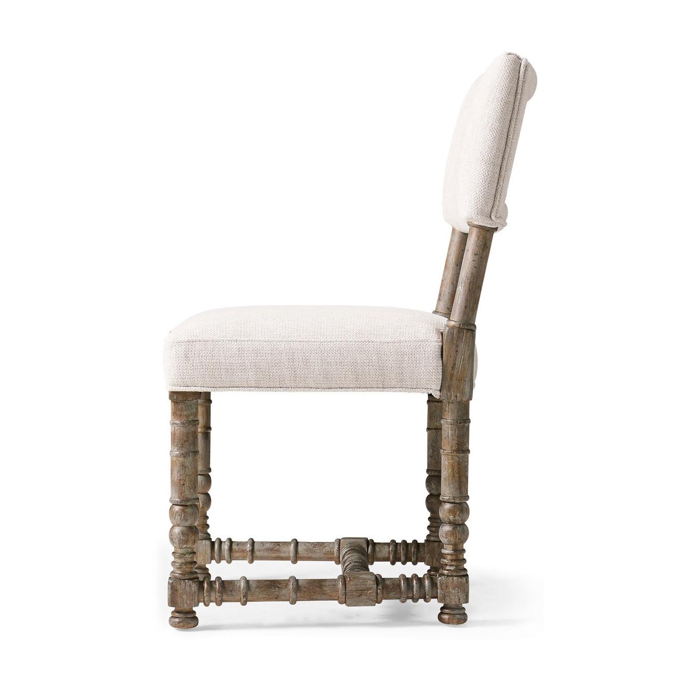 Side profile rustic farmhouse chair, showcasing legs and seat.