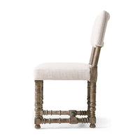 Side profile rustic farmhouse chair, showcasing legs and seat.