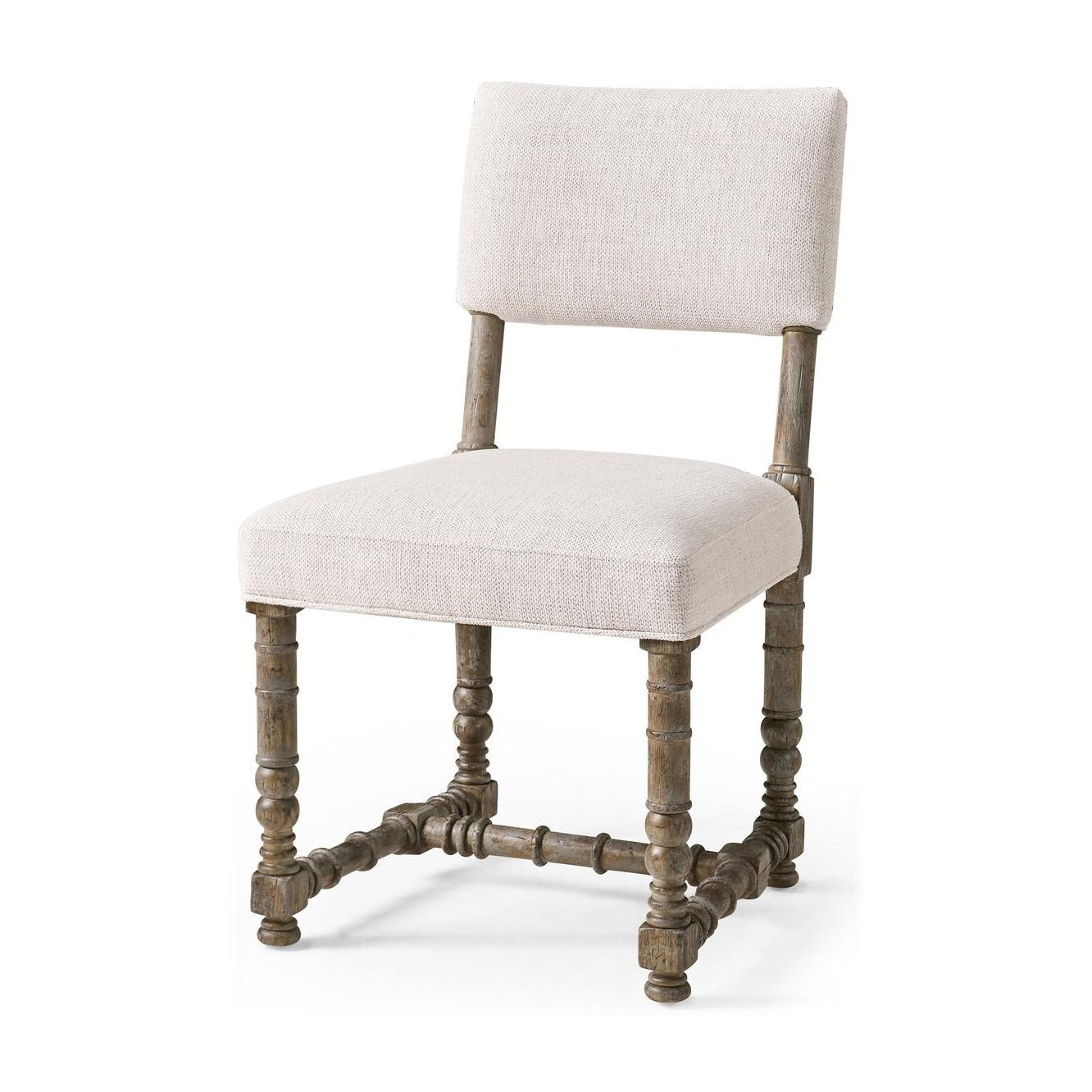 Rustic farmhouse side chair angled view, spool-leg design.