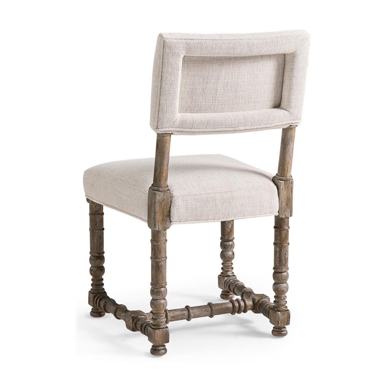 Back view rustic farmhouse side chair, detailed frame.