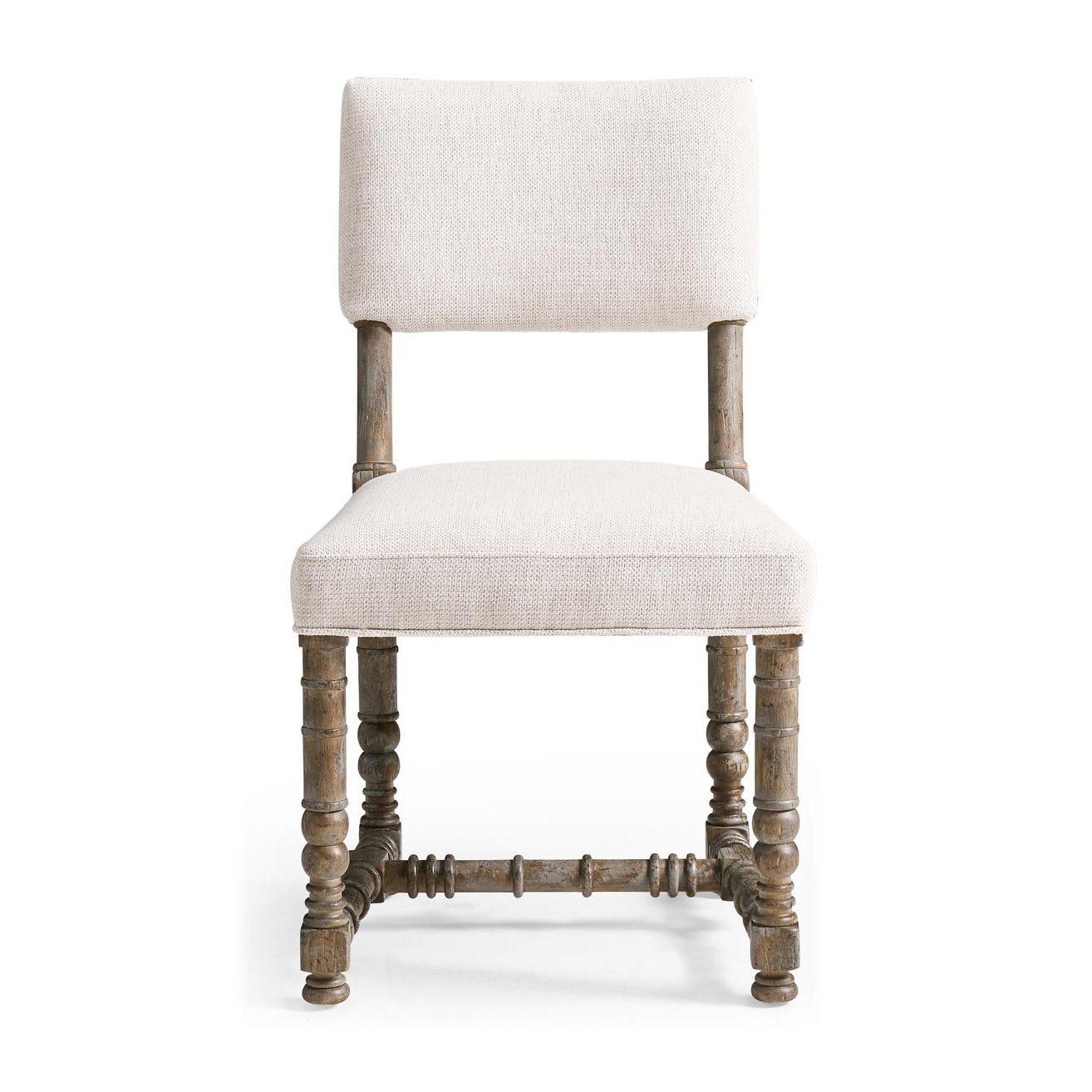Front view rustic farmhouse side chair, spool legs visible.
