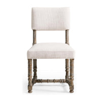 Front view rustic farmhouse side chair, spool legs visible.
