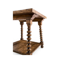 Angle view showcasing spool legs, rustic farmhouse table.