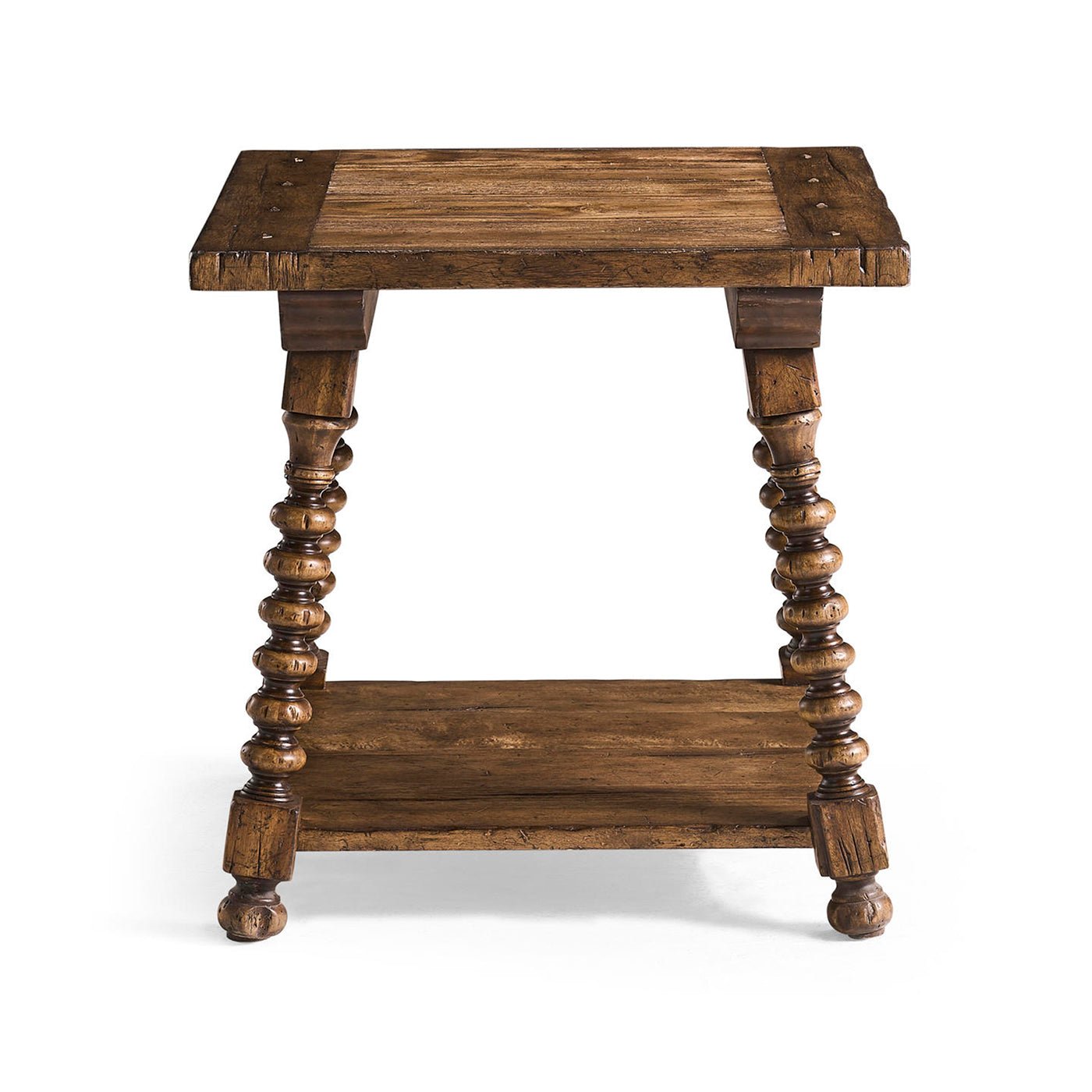 Front view of rustic spool-leg side table.