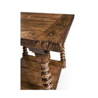Close-up of table corner detailing, rustic side table.