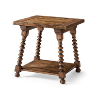Rustic farmhouse spool-leg side table angled view.