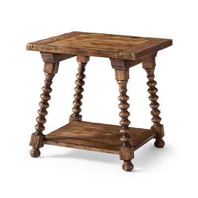 Rustic farmhouse spool-leg side table angled view.