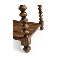 Close-up of spool-leg design, rustic side table.