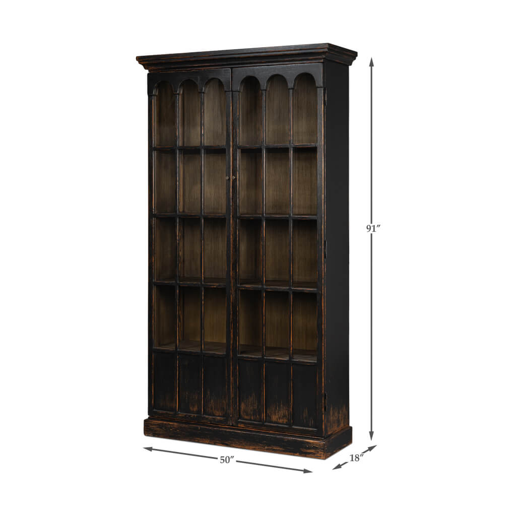 Rustic black bookcase with dimensions.
