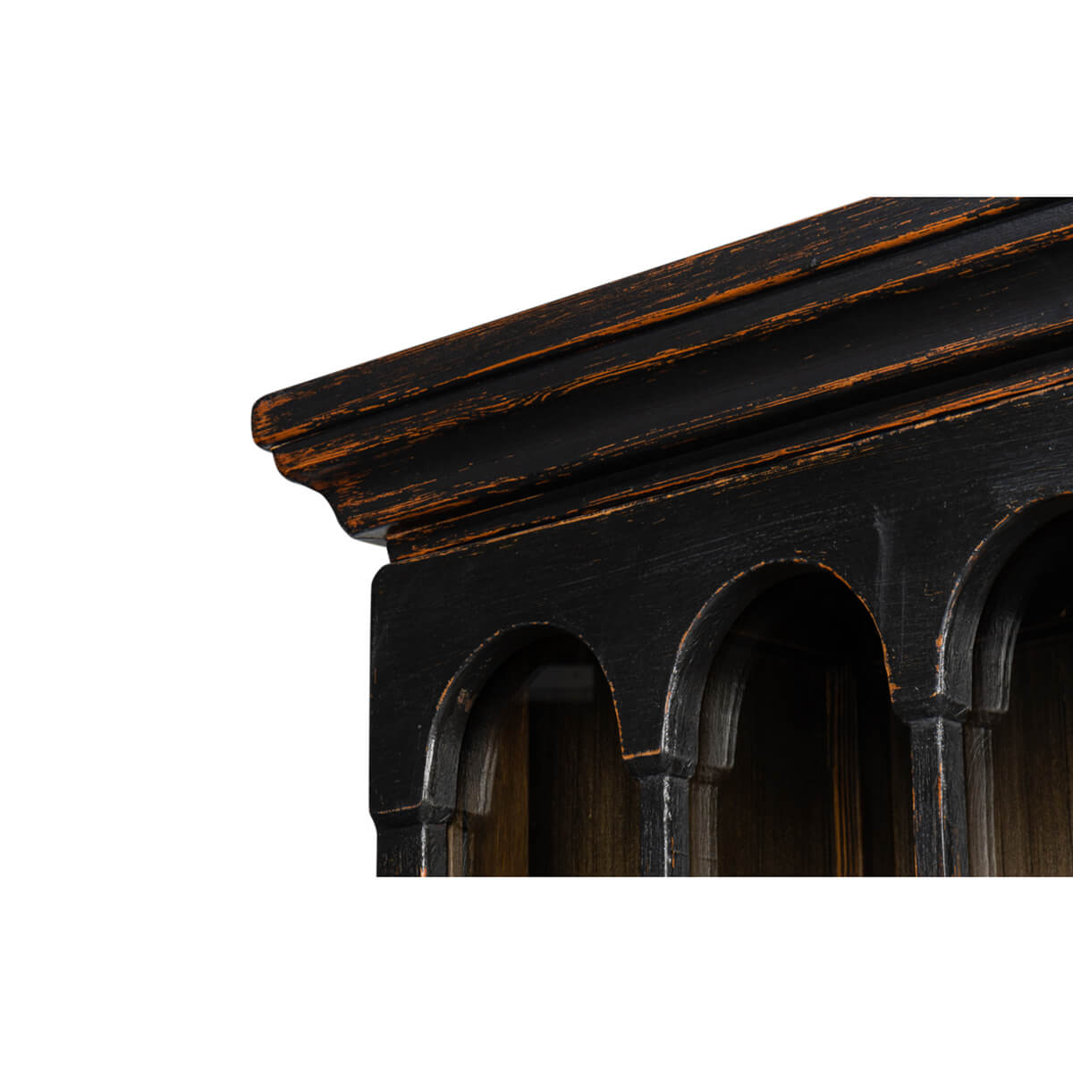 Rustic bookcase top edge molding detail.