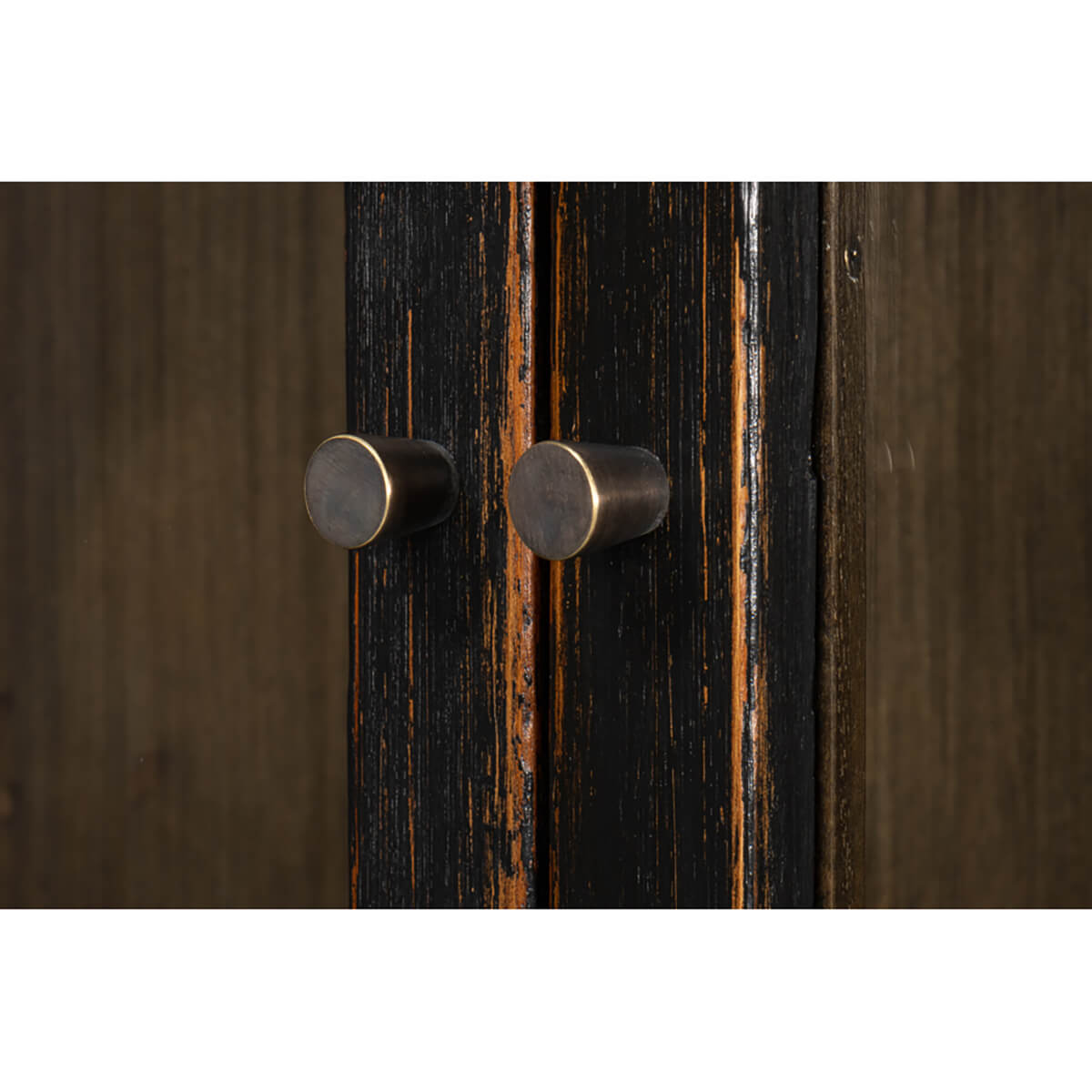 Rustic bookcase metal knobs detail.