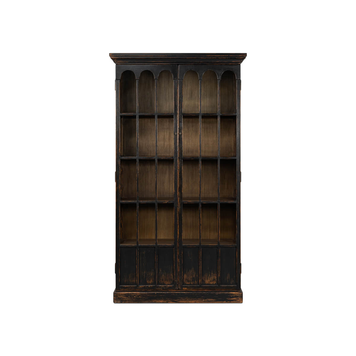 Rustic black bookcase front view closed.