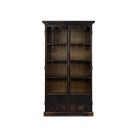 Rustic black bookcase front view closed.