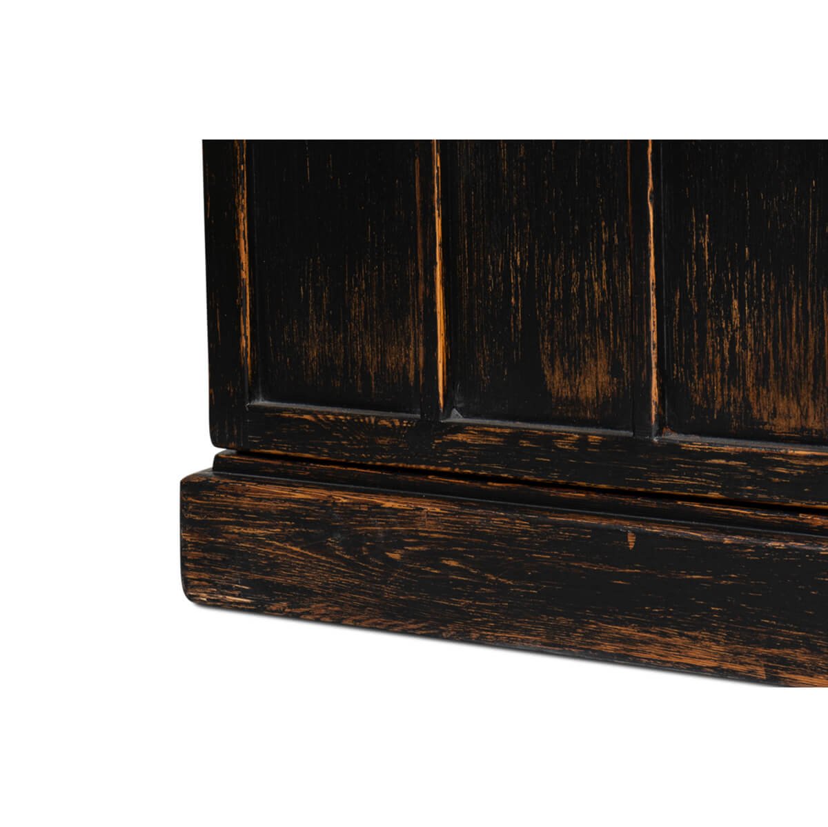 Rustic bookcase bottom panel texture detail.