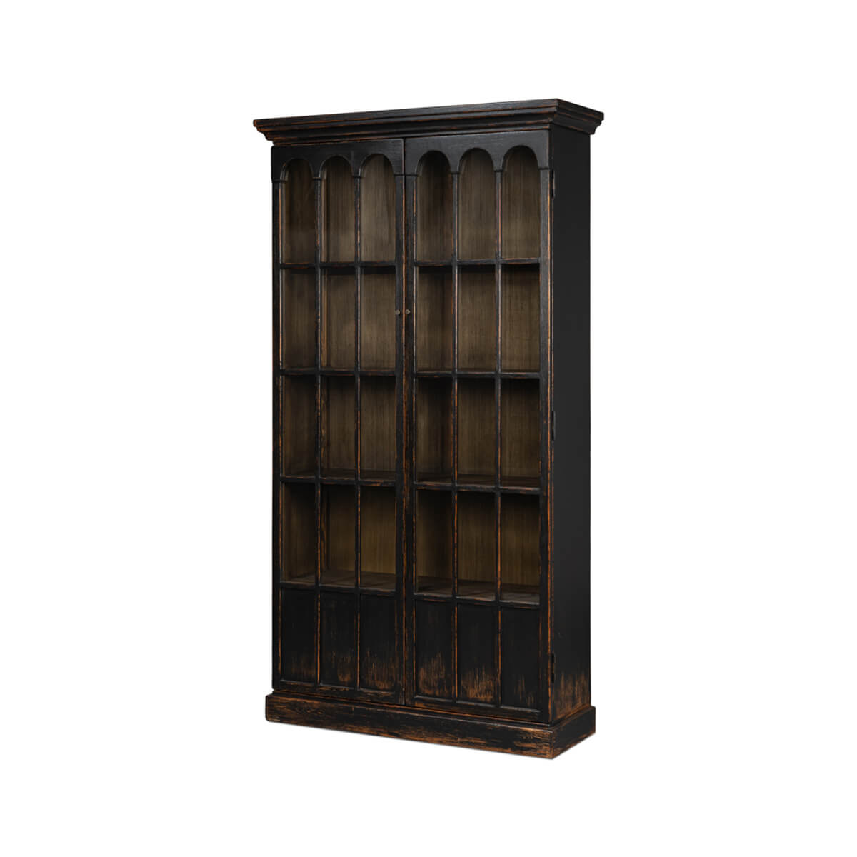 Rustic black bookcase angled front view.
