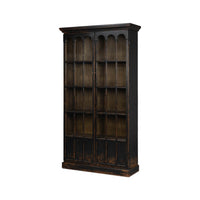 Rustic black bookcase angled front view.